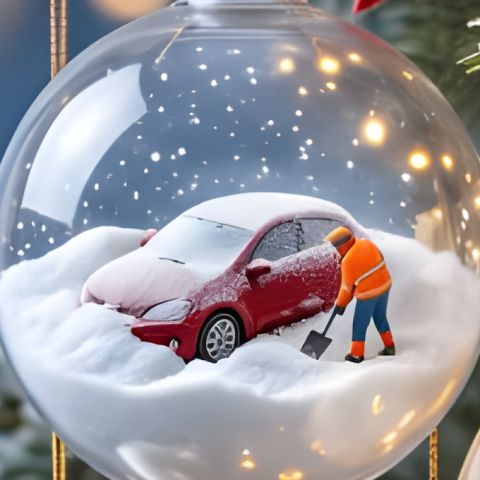 Car Dig-Out: miniature crew inside a glass Christmas ornament